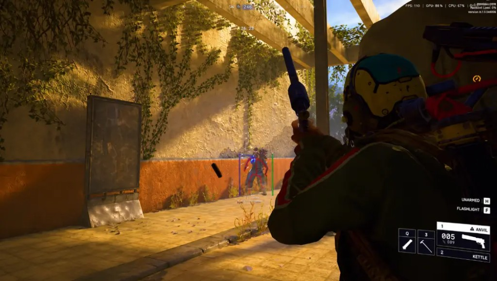 Arc Raiders box and skeleton ESP with chest aim point while aiming a suppressed pistol