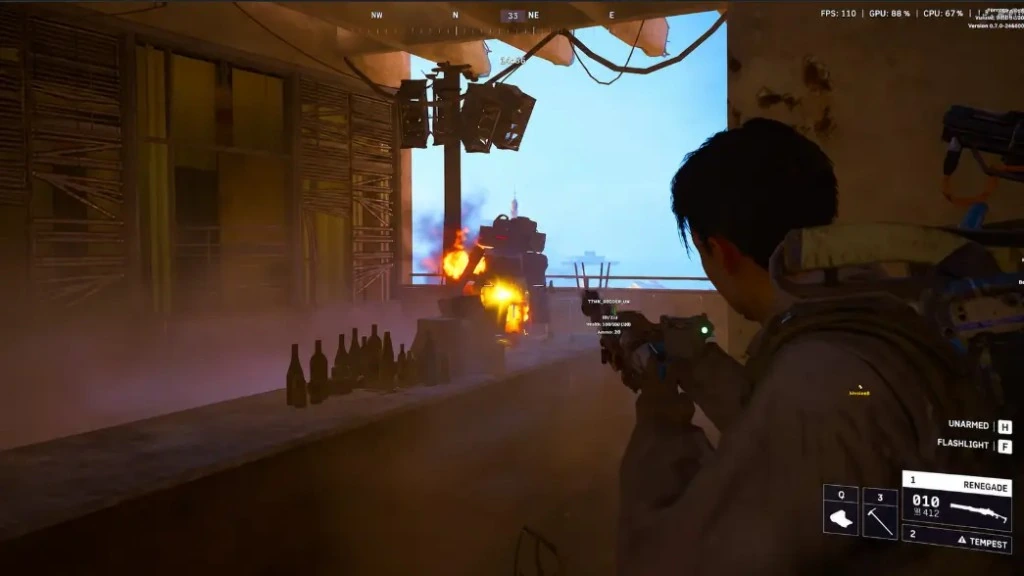 Arc Raiders ARC unit ESP showing entity name, health bar and ammo readout on a burning target