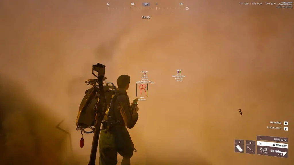 Arc Raiders player ESP with red skeleton and box through thick orange fog, distance and health labels