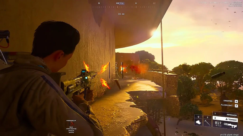Arc Raiders firefight with skeleton ESP and on-screen player list for capture checks