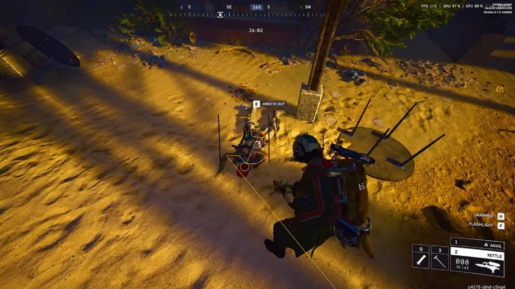 Arc Raiders downed player with yellow box ESP, skeleton lines and red aim circle on sand